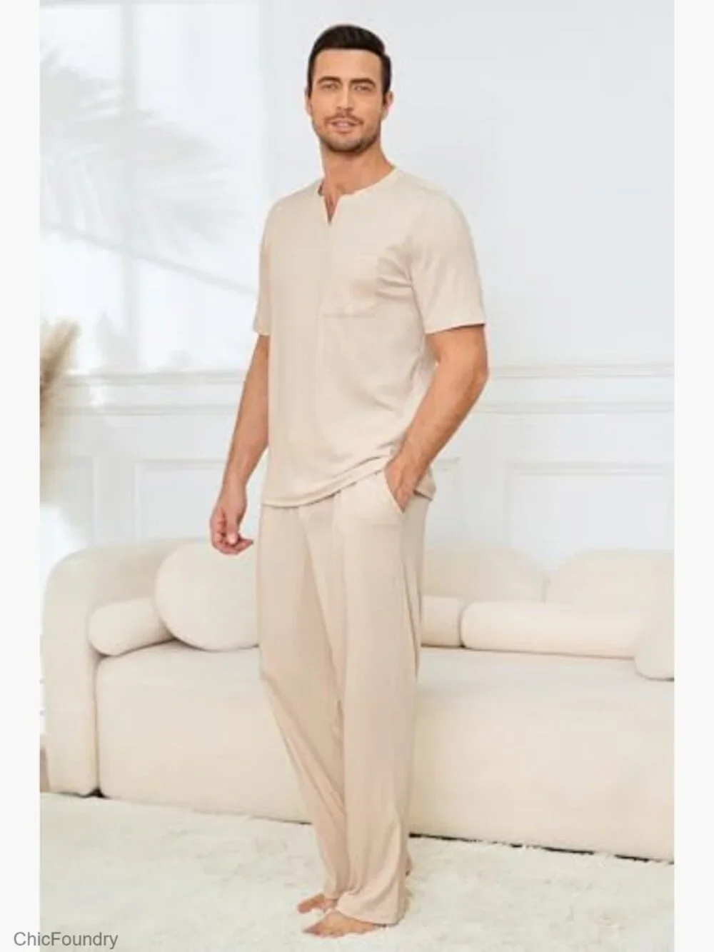 Matching Pajama Set Soft Short Sleeve Top and Pant Lounge Pjs Pockets